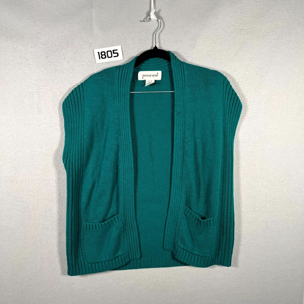 Vintage Sheridan Square‎ Cardigan Sweater Vest Women Medium Teal Ribbed Knit